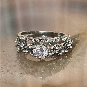 Silver twig engagement ring wedding band round CZ branch bridal set promise ring